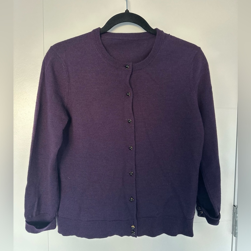Merino Wool Cardigan – Purple, Ornate Cabochon Style Button Front